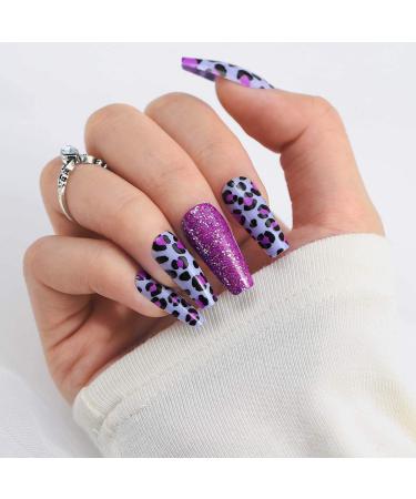 Sethexy Long Purple Ballerina False Nails - Leopard Sparkle Acrylic Nail Tips (24pcs) for Women & Girls - Buy Online on GoSupps.com