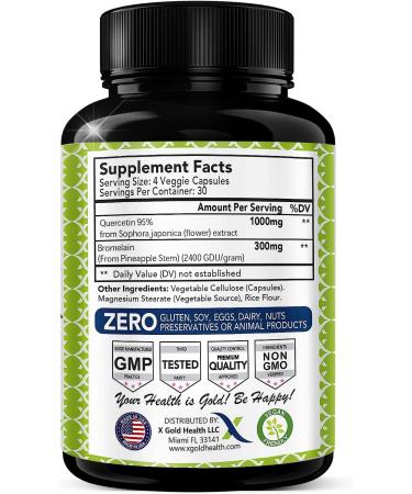 Quercetin 1000mg + Bromelain 300mg Supplement Complex - Cardiovascular & Respiratory Support - 120 Veggie Capsules - Buy Online on GoSupps.com