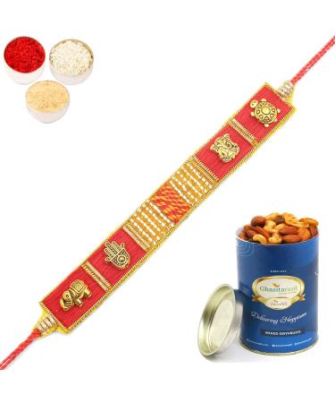 Ghasitaram Gifts Rakhi for Brother Rakhis Online - RM600 - Red Traditional Bracelet Rakhi with 100 GMS of Dryfruits Mix Can Rakhi Set with 100 gms of Dryfruits Mix Can