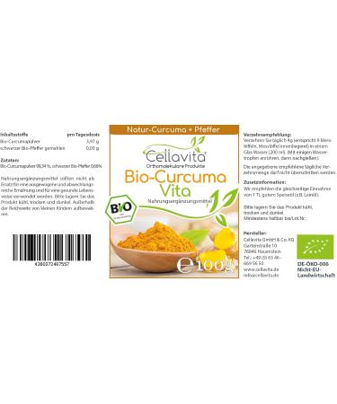 Buy Organic CELLAVITA Curcuma Vita Turmeric Powder with Black Pepper (100g) - Premium Yellow Ginger/Saffron Root for Health Benefits - Buy Online on GoSupps.com