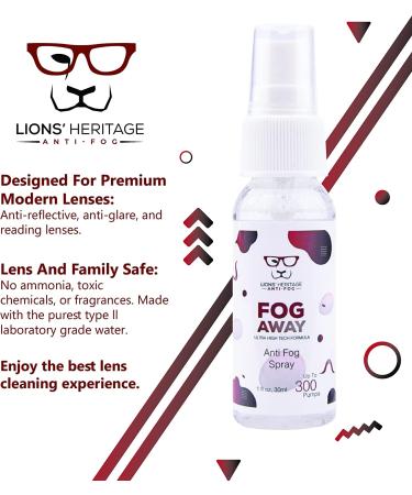 Lions' Heritage Anti Fog Spray for Lens & Glasses | Long Lasting 300 Pumps | Safe for Anti Reflective Lenses & All Types, with Microfiber Cloth - Buy Online on GoSupps.com