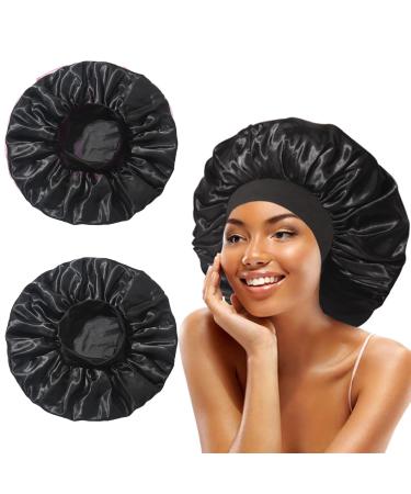 Ranphykx 2 pieces satin bonnet hood silk curling breathable silk sleeping cap silk bonnet silk hood for sleeping soft satin hood for women girls black+black