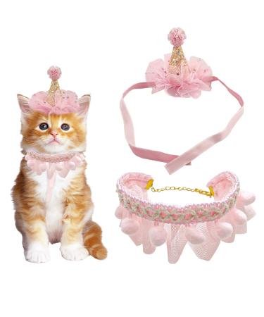 RUKUHOT Birthday Hat Scarf Set for Pet Puppy Cat, Cute Lace Bandana Bib Scarf Crown Hat Princess Costume for Cats Small Dogs,Pink Outfit for Birthday Party