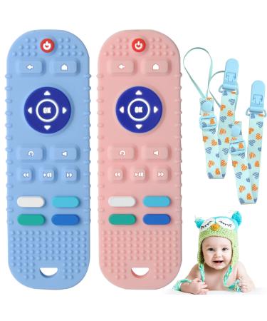 SAMTURUI Baby Teething Toys for Babies 0-6 Months 2-Pack Teething Relief Infant Chew Toys for Boys Girls Food Grade Silicone BPA Free Remote Control Pink Blue remote controll blue+pink
