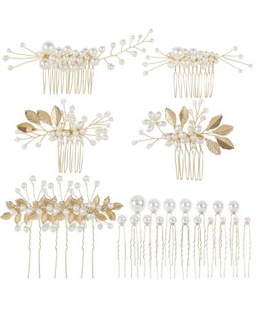 Cinaci 25 Pack Sparkly Glitter Gold Rhinestone Pearl Leaf Flower Metal Wedding Bride Bridal Metal Hair Side Combs+U-shaped Hair Pins Clips Barrettes Slide Combs Headpieces Wedding Accessories for Women Girls - Buy Online on GoSupps.com
