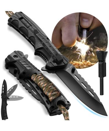 Pocket Knife - Tactical Folding Knife - Spring Assisted Knife with Fire Starter Paracord Handle - Best EDC Survival Hiking Hunting Camping Knife - Knife with Firestarter and Whistle Grand Way 6772 1