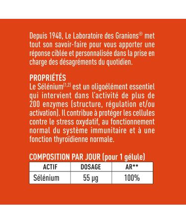 GRANIONS: Immunity and energy SELENIUM 55 g-100% of recommended intake- Optimal bioavailability-IMMUNITY AND ANTI OXIDANT-Suitable for pregnant women- 60 capsules-1 vial 2 months-Made in France - Buy Online on GoSupps.com