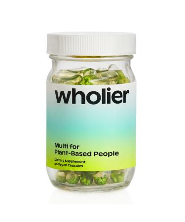 wholier - Plant-Based Multivitamin. Omega-3 DHA + EPA Vitamin D Vitamin B12 Zinc Vitamin K2 Iron Iodine Selenium. 60 Count (30-Day Supply) Glass Bottle