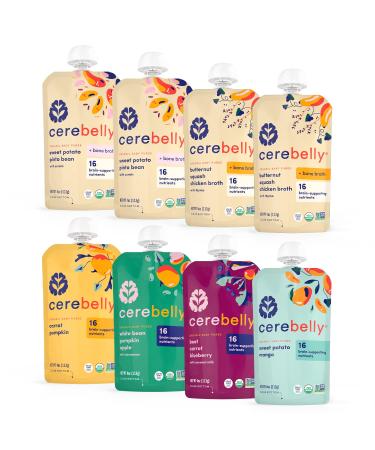 Cerebelly Baby Food Pouches - Organic Bone Broth & Veggie Purees Variety Pack (4 oz, Pack of 8) Toddler Snacks - 16 Brain-supporting Nutrients - Healthy Snacks, Gluten-Free, BPA-Free, Non-GMO Veggie & Bone Broth Purees Variety 4 Ounce (Pack of 8)