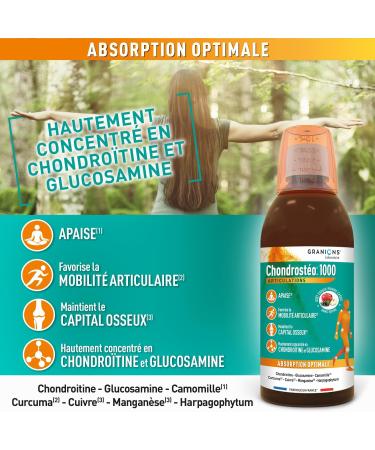 Granions Chondrosteo + 1000 Joints Liquid - 500 ml - Glucosamine Chondroitin Turmeric Copper Harpagophytum Manganese Chamomile - Triple Action: Soothes Joint Mobility and Bone Capital - Buy Online on GoSupps.com