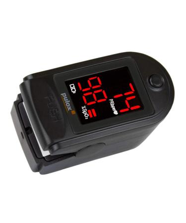 Pulox PO-100 pulse oximeter with LED display including hard case batteries protective cover nylon bag and carrying strap Black