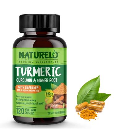 NATURELO Turmeric Curcumin - BioPerine for Better Absorption - Curcuminoids, Black Pepper, Ginger Powder - Plant-Based Joint Support - 120 Vegan Capsules 120 Count (Pack of 1)