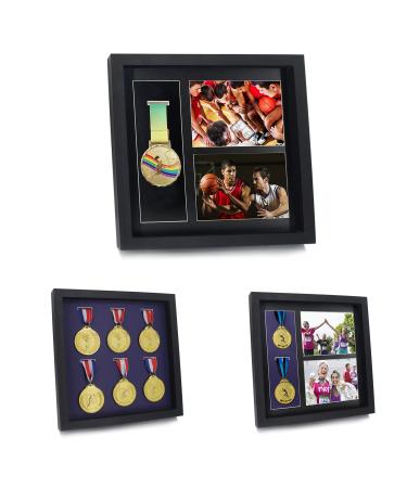 Iheipye Large Medals Display Shadow Box - 6 Medal Display case - Perfect Medal Display for War Military Runners Marathon Race Winner Football Gymnastics & All Sports (Black 12x12) Black 12x12