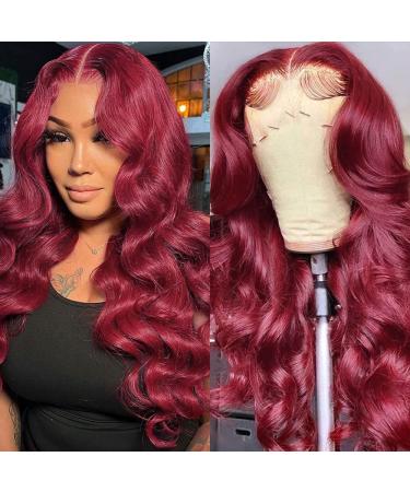 99J Burgundy Lace Front Wigs Human Hair 13X4 Body Wave Wigs HD Transparent Human Hair Wigs Pre Plucked Bleached Knots with Baby Hair 150% Density Brazilian Virgin Glueless Red Wigs for Black Women (24 Inch)
