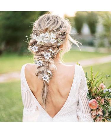 Bridal Flower Wedding Hair Pins - Crystal Pearl Clips Headpiece for Brides - Gold Hair Accessories with Rhinestone - Pure White Flower - 5 Count - Buy Online on GoSupps.com