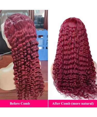 Burgundy Lace Front Human Hair Wig for Black Women - 24 Inch Deep Wave 99J Color, 13x4 Transparent Lace Frontal, Glueless Wet and Wavy Curly Wig, Pre Plucked Brazilian Virgin Hair - 180% Density - Buy Online on GoSupps.com
