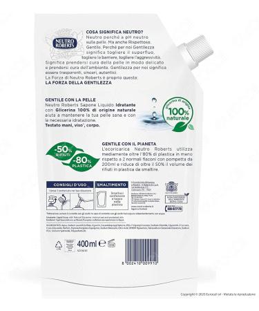  Neutro Roberts Neutro Roberts Ecopouch Hydrating Liquid Hand Soap Refill for Face and Body Coricharge with 100% Natural Glycerin for Soft and Healthy Skin Dermatologically Tested - 3 x 400ml Bottles - Buy Online on GoSupps.com