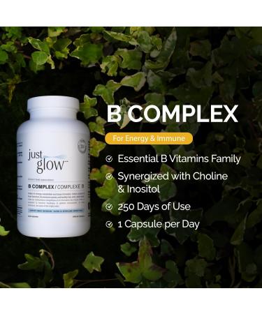 Just Glow B Complex - 250 Vegan Capsules - Essential Vitamin B w/Biotin Niacin Choline Folate and Inositol - Made in Canada (250 Days / 1 Bottle) - Buy Online on GoSupps.com