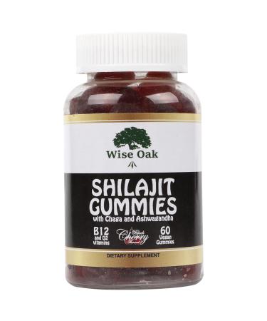 Shilajit Gummies 500mg with Chaga Ashwagandha B12 and D2 Vitamins - Black Cherry Flavored Naturally Vegan Ayurveda Humic Fulvic Acid and Trace Minerals - Pure Himalayan Shilajit Supplement by Wise Oak