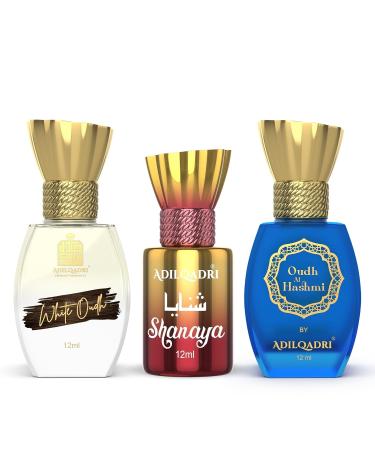 Adil Qadri Shanay'a White Oudh Oudh Al Hashmi Attar Combo Pack | Arab French Strong Masculine & Sweet Scent | Long Lasting Non-Alcoholic Roll-On Attar For Men & Women | Gift Attar Pack 12 ML Eachic