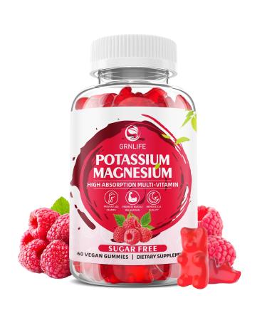 Potassium Magnesium Supplement Gummies Potassium Gummies for Adults Kids High Absorption Magnesium Glycinate for Leg Cramps & Immune Health Sugar-Free Raspberry Flavors 60 Count Raspberry 60 Count (Pack of 1)