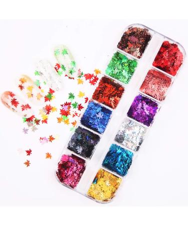 Autumn Nails Glitter Sequin - 12 Colors 3D Holographic Nail Decoration with Maple Leaf Gold Stickers | Sparkle Your Nails this Fall - Buy Online on GoSupps.com