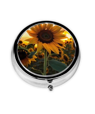 Farm Sunflowerround Pill Box 3 Compartment Round Pill Box Organizer Portable Travel Pill Box for Traveling.