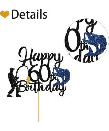 Fishing 60th Birthday Cake Topper Fisherman Happy 60th Birthday Cake Topper for Men Fishing Enthusiast 60th Party Decoration Men's 60th Birthday Party Supplies - Black Glitter - Buy Online on GoSupps.com