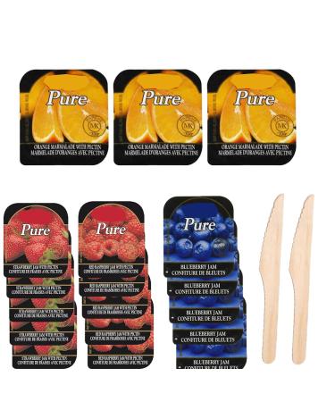 Breakfast Spreads - 30 Individual Portion On-the-Go Cups Trio of Strawberry Blueberry Orange Marmalade & Raspberry Jam Jelly ! Strawberry Jelly - Raspberry Jelly - Blueberry Jelly - Orange Jelly - Comes with 2 wooden Knives and a one of a kind Sticker by 