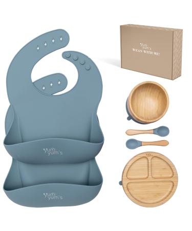 Baby Bamboo weaning Set Presented by Yum Yum's - Bamboo Plate and Bowl Set - Suction Bowl and Plate - Baby Feeding Set - Spoon Set for BLW - 2 Baby weaning Bibs - (Iceberg Blue)