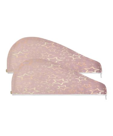 Gold Star Pattern Dry Hair Cap 2 Piece Quick Drying Towel Set with Button Headband Super Absorbent Soft & Comfortable
