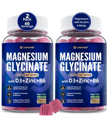Magnesium Glycinate 500mg/250mg for Adults Teens - Plus D3,B6 & Zinc - Magnesium Glycinate Gummies,High Absorption - Support for Relaxation,Brain,Bone & Immunity Health - Sugar Free - 120Cts