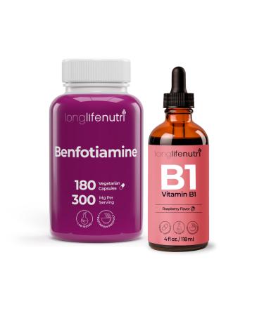 Benfotiamine 300 mg 180 Veg Caps  + Liquid Vitamin B1 Drops (4 fl oz) Bundle  - Dual Action Thiamine for Energy & Nerve Health - 6 Month Supply Fast Absorption Vegan Lab - Made is USA Tested