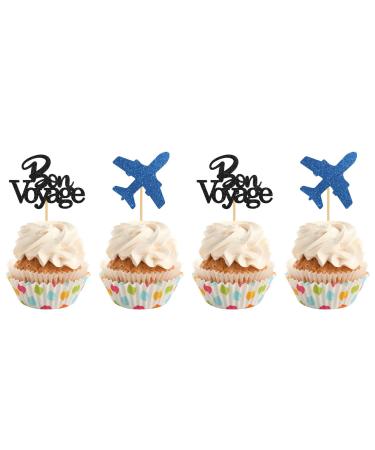 INNORU Bon Voyage Cupcake Toppers Travel Theme Party Cupcake Decor Moving Away Going Away Airplane Sign Baby Shower Graduation Retirement Party Decorations Supplies Pack of 24 Glitter