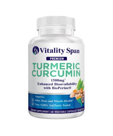 Turmeric Curcumin Supplement 1500mg 95% Curcuminoids Ultra Potent High Absorption Curcumin with Black Pepper Non-GMO Made in USA 60 Veg Capsules