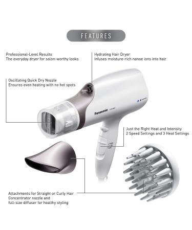 Panasonic Nanoe Salon Hair Dryer with QuickDry Nozzle, Diffuser & Concentrator Attachments - EH-NA67-W (White) - Buy Online on GoSupps.com
