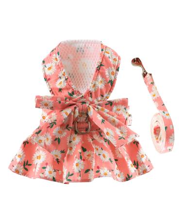 BAEJMJK Dog Dress Bowknot Harness Leash Set for Small Dogs Cats Girl Floral Princess Dog Dresses Cute Puppy Fruit Clothes Pet Doggy Outfits Spring Summer Breathable Dresses(Pink,Small) Small Pink