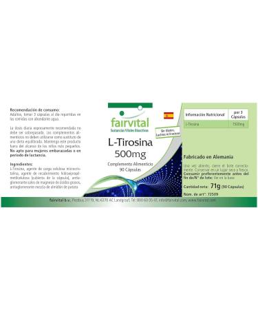 Fairvital | L-Tyrosine 500mg - High dosed - 90 capsules - amino acid - Buy Online on GoSupps.com