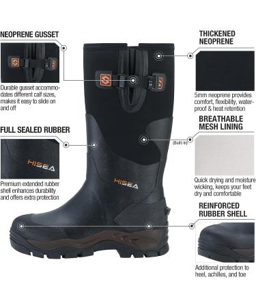 HISEA Men's Insulated Rubber Hunting Boots - Waterproof Neoprene Work Boots for Farming & Fishing, Adjustable Calf, Black - Buy Online on GoSupps.com