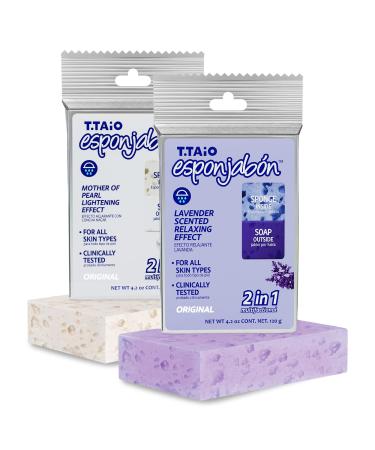 T.Taio Esponjabon Mother of Pearl and Lavender Soap Sponges — Shower Scrubbers That Remove Oil and Dirt — Sponges to Scrub Foot, Elbow, and Face — Bathroom Accessories — Fresh Scent (2-Pack)