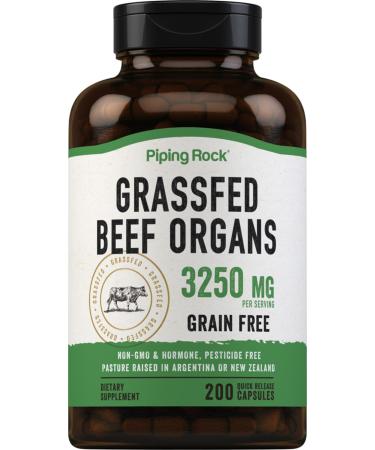 Piping Rock Grass Fed Beef Organs | 3250 mg | 200 Capsules | Liver Kidney Pancreas Heart Spleen Supplement | Non-GMO Gluten Free