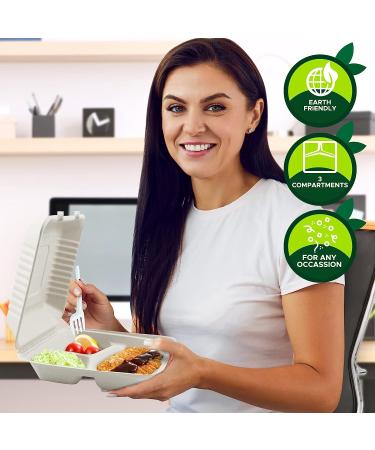 PAMI Sugarcane 3 Compartment Clamshell Containers 50 Pack- Eco-Friendly Biodegradable Food Boxes- Compostable To-Go Containers - Buy Online on GoSupps.com