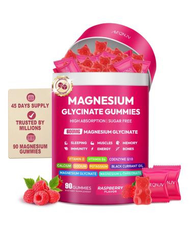 Magnesium Glycinate Gummies 600mg, High Absorption Magnesium Supplement, Sugar Free Chewables Gummies with L-Threonate, VitaminD & B6, CQ10 for Adults & Kids, Relax, Muscle & Zzz Support Raspberry 90 Count (Pack of 1)