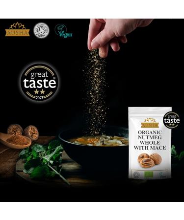 Ausha Organic Nutmeg Whole 50g with Mace | Great Taste Award 2023 Winner | Soil Association Certified | Lab Tested for Pesticides - Buy Online on GoSupps.com
