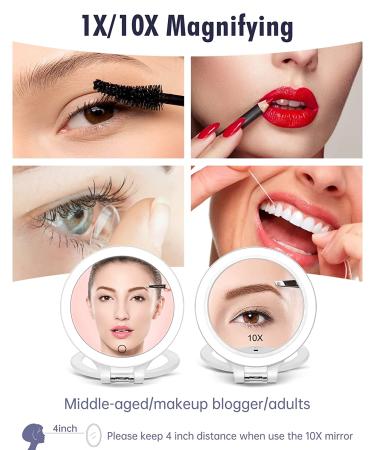 10X 1X Double Sided Magnifying Makeup Vanity Mirror | Rechargeable Lighted Mirror with 3 Color Settings | Adjustable Rotation LED Desk Mirror - White - Buy Online on GoSupps.com