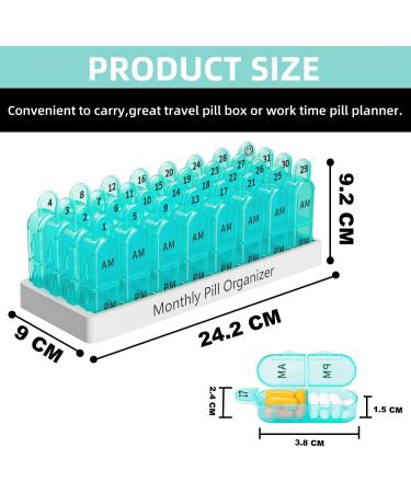 Monthly Pill Box Organizer 2 Times a Day AM PM Medicine Holder with 32 Compartments - Easy Open Design for Kids, Elderly, and Arthritic Hands - Cyan - Buy Online on GoSupps.com