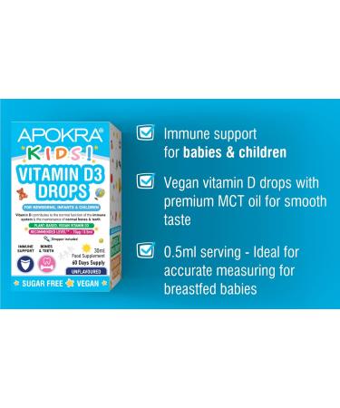 Vitamin D Drops for Kids - 60 Days Supply - 400IU in MCT Oil - Vegan & Sugar-Free | APOKRA Kids - Buy Online on GoSupps.com