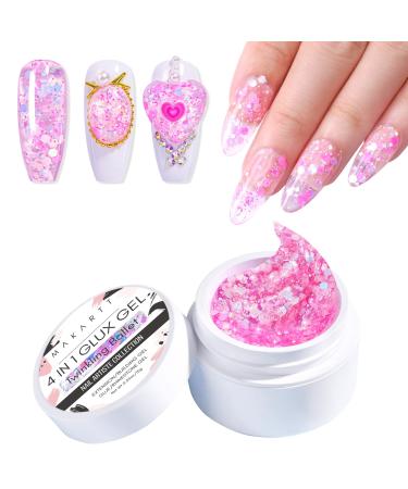 Makartt Solid Gel Builder for Nails 15ml Pink Glitter Nail Extension 3D Gel Sculpting Nail Art UV Nail Glue for Press on Nails Rhinestone Gel Molding Lamp Cured Twinkling Ballet