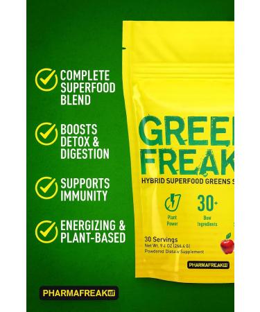 Pharmafreak Greens Freak Superfood Greens Powder 30+ Organic Greens Spirulina & Chlorella for Gut Health Digestion Immunity & Daily Energy Caffeine-Free Vegan 30 Servings Sweet Apple - Buy Online on GoSupps.com