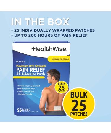HealthWise 4% Lidocaine Pain Relief Patch | Maximum OTC Strength | 25-Count | 3.93 x 5.51 | Soothes Minor Aches and Pains | Odor Free | Topical Anesthetic | Easy to Apply Flexible Adhesive 25 Count - Buy Online on GoSupps.com